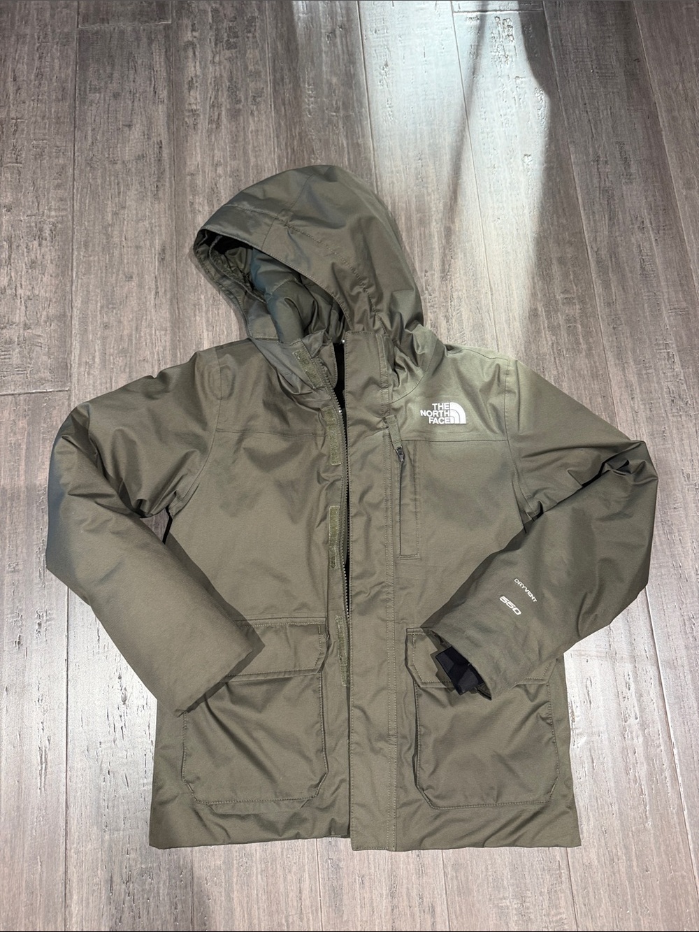 The North Face Greenland girls Parka Down Olive Hooded Waterproof Jacket 10/12 L